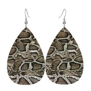 Snakeskin Print Brown and Cream Leather Teardrop Earrings